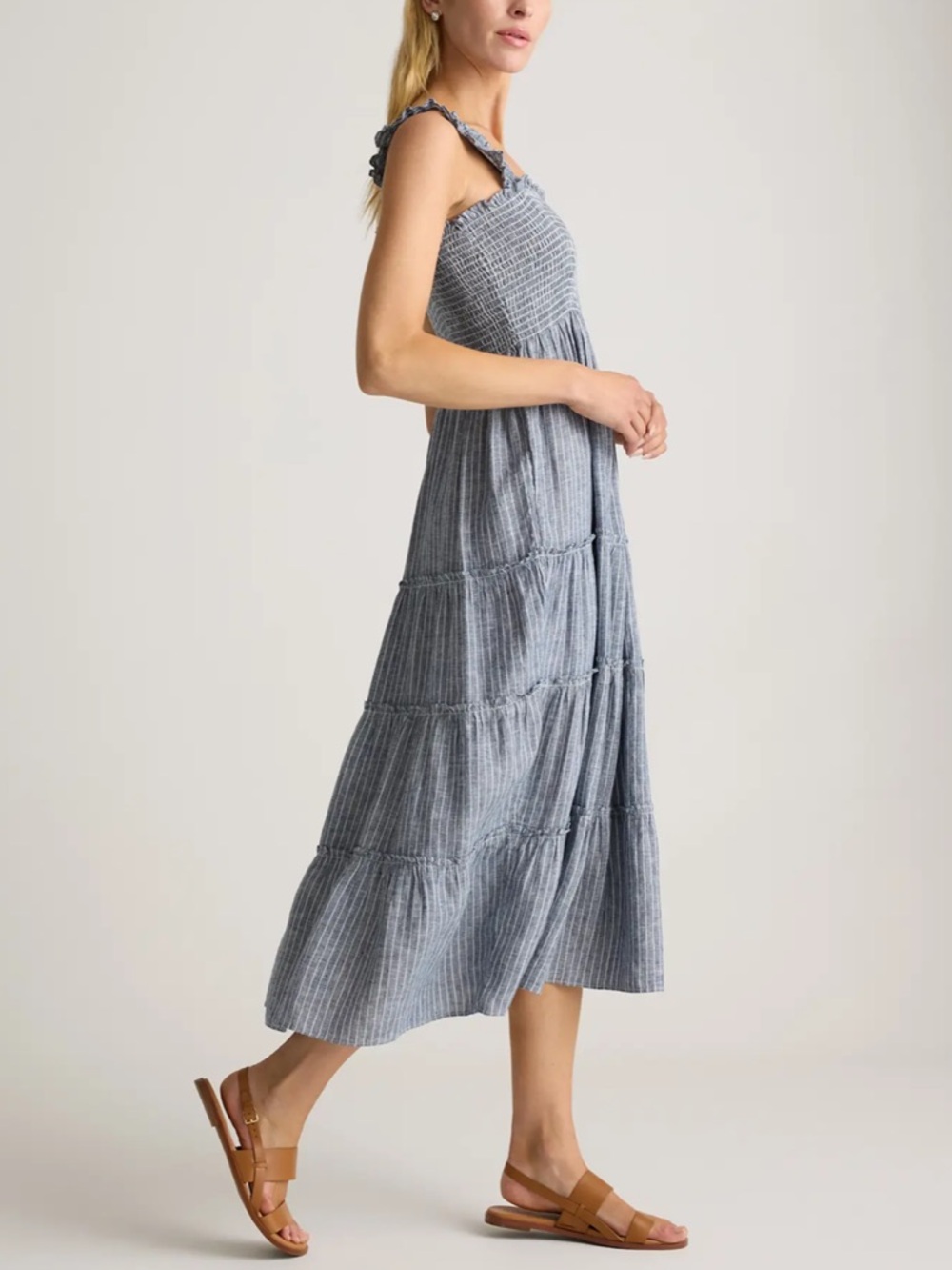 Quince Blue Striped Smocked Linen Midi Dress - Picture 5 of 10